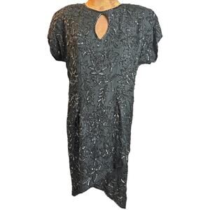 Vintage 80s Black Beaded Silk Cocktail Dress Size M